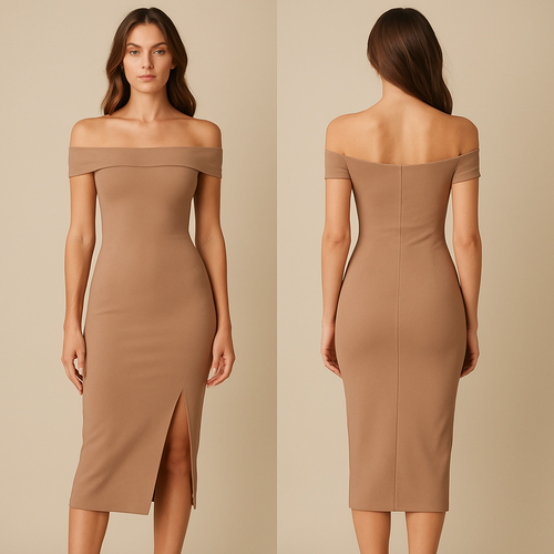 Off shoulder 
So light brown
Tight
Open from down