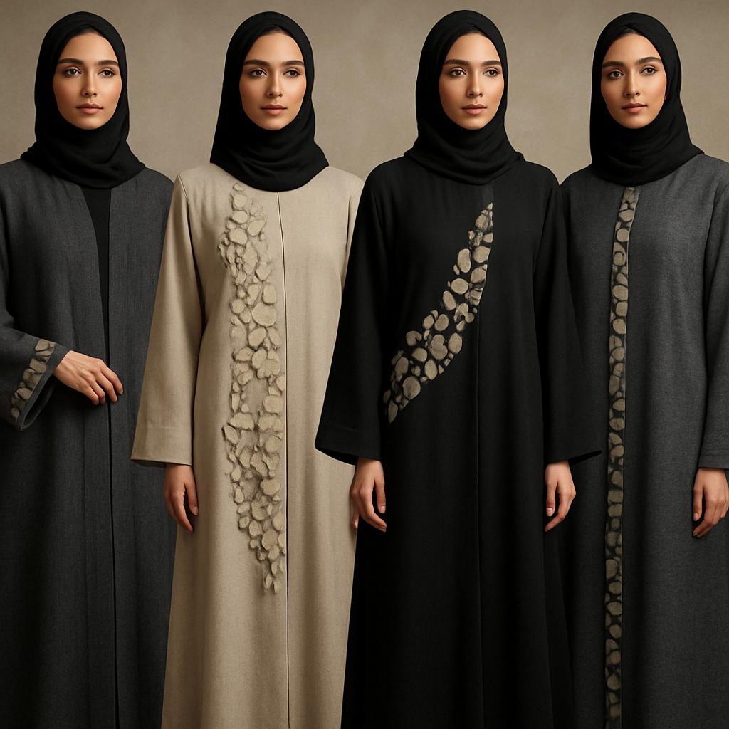 Create a modest abaya that's the first of its kind, featuring a unique stone design that exudes a classy and sophisticated vibe. I'd like four designs, each showcasing different styles and fabrics.
Incorporate high-end, unique chic stone designs to make them truly special. Add a little sophisticated stone work to it.

Create a modest abaya that's the first of its kind, featuring a unique stone design that exudes a classy and sophisticated vibe. I'd like four designs, each showcasing different styles and fabrics.
Incorporate high-end, unique chic stone designs to make them truly special. Add a little sophisticated stone work to it.