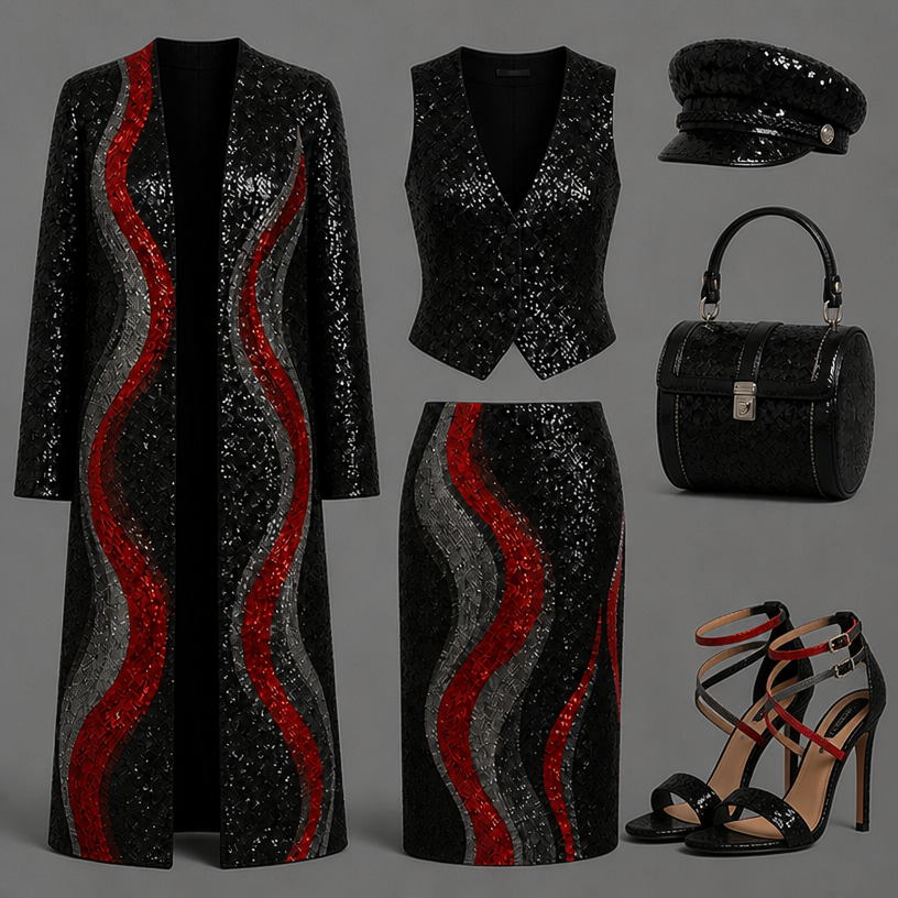 Remove boots and replace a high heel evening shoe black sequin with straps around the ankle red , black , grey
edit the attached fashion design with these instructions: Remove boots and replace a high heel evening shoe black sequin with straps around the ankle red , black , grey. keep it photorealistic, just the design no text