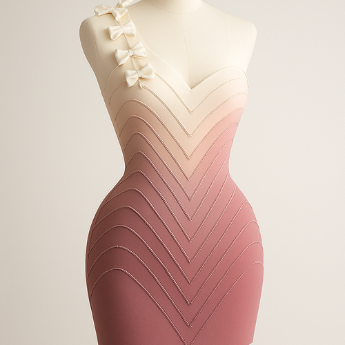 One-shoulder mini dress with a sculpted, body-hugging silhouette and exaggerated hips.
The dress features a single V-shaped panel pattern running from the bust to the hem, made up of 15 layered colors that softly transition from ivory blush to dusty rose.

Each color line is trimmed with cup chain detailing for a subtle sparkle.
The left shoulder is decorated with six small ivory bows, creating a cute, feminine accent.

The back has a stone zipper, and the surface is smooth — no darts or seams except the color panel lines.

The overall mood is classy, youthful, elegant, and minimal.
Use studio lighting with a plain off-white background.
