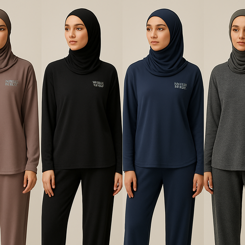 Create a revolutionary women’s modest loose gym wear brand called “Modest Fleur”. Display the brand name on the garments in a unique design on the upper right side, in small thick writing that exudes a classy and sophisticated vibe. I’d like four designs, each showcasing different styles and fabrics, with high-end, unique chic designs to make them truly special.