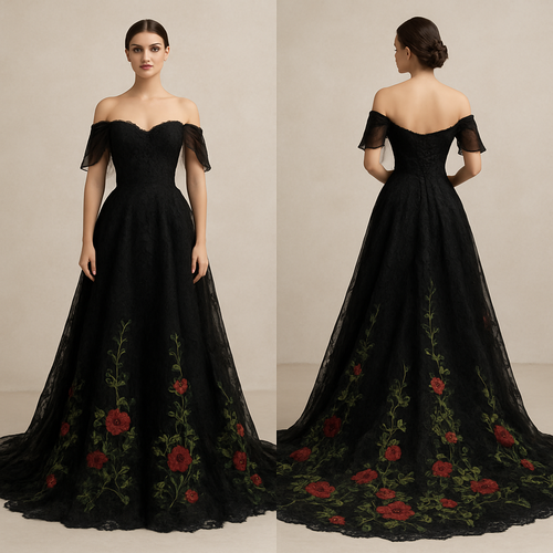 Long train lace Black wedding dress with embroidered green vines and red roses at the bottom. Corset back with off the shoulder sleeves made from chiffon.