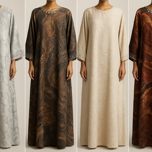Create a modest boubou, the first of its kind, featuring a unique stone design that exudes a classy and sophisticated vibe. I'd like four designs, each showcasing different styles and fabrics. Incorporate high-end, unique chic stone designs to make them truly special. Add little sophisticated stone designs.