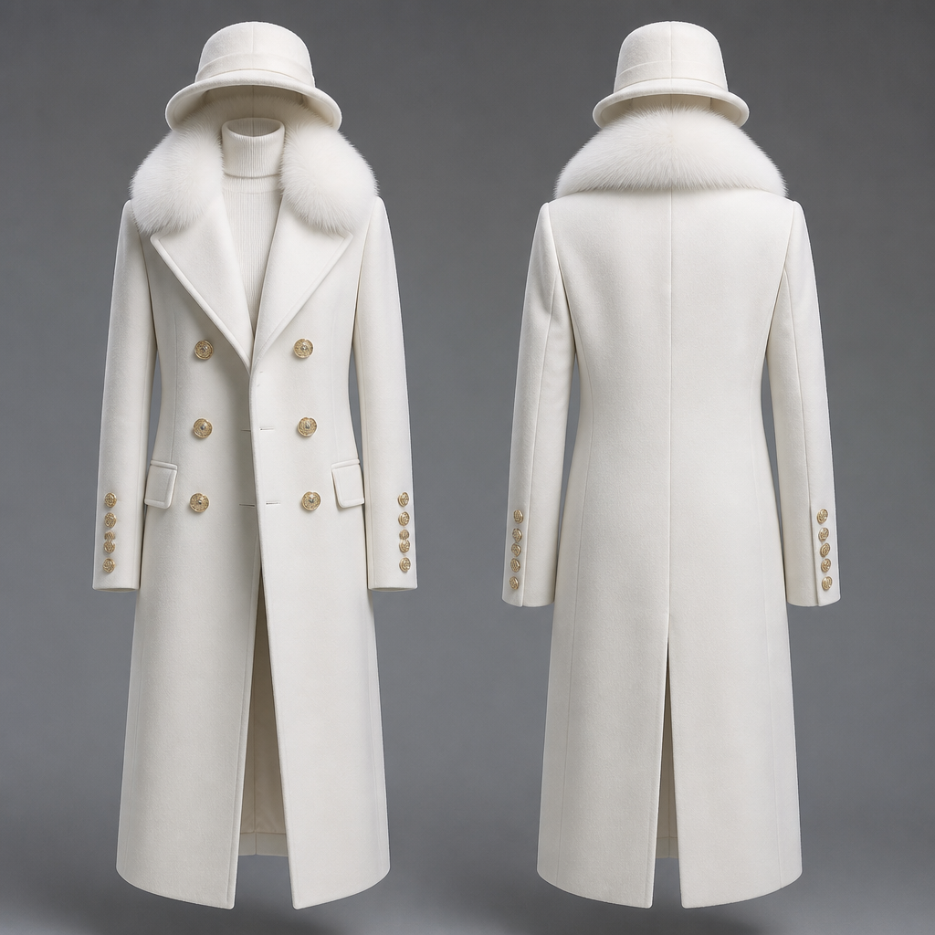 Men’s wool white Long coat brass buttons six buttons on the sleeves and split in the back white Fox collar white wool bucket hat no model just outfit
photorealistic fashion design, Men’s wool white Long coat brass buttons six buttons on the sleeves and split in the back white Fox collar white wool bucket hat no model just outfit , glamorous style, just the design no text, show front and back