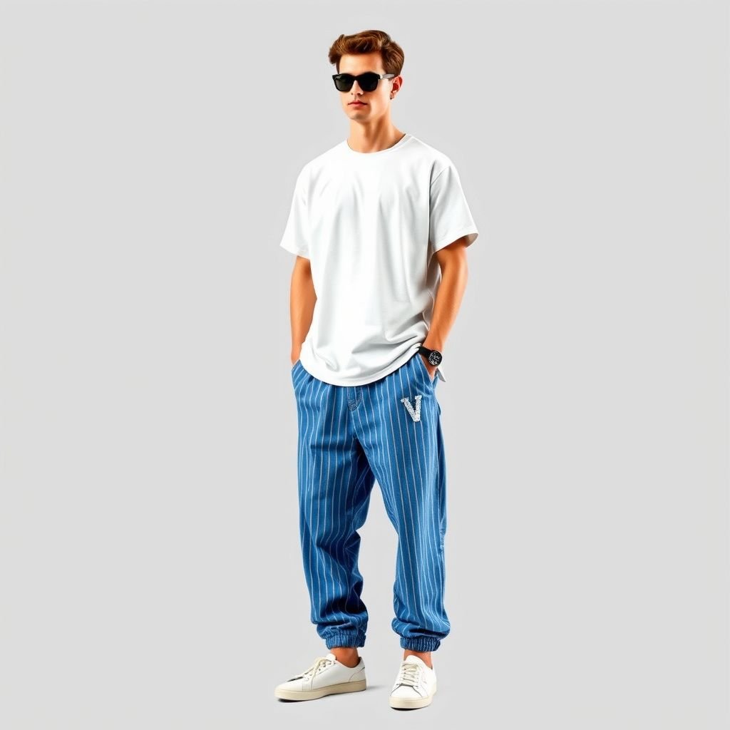 Men's Fashion Casual Woven Oversized Blue Striped 3D Letters Embroidered Baggy Pant, For Daily Summer Outfits. With “D” on one back pocket and “V” on the other
Design a men's casual outfit featuring oversized, woven blue striped pants adorned with 3D embroidered letters. The baggy fit is perfect for summer, with playful "D" on one back pocket and "V" on the other. Pair with a lightweight, simple white tee and comfortable slip-on sneakers for effortless style.
