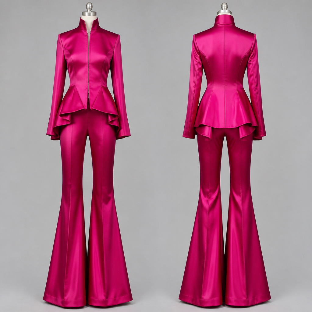 High collar jacket with matching flair leg pants in silk fuschia
photorealistic fashion design, High collar jacket with matching flair leg pants in silk fuschia , glamorous style, just the design no text, show front and back