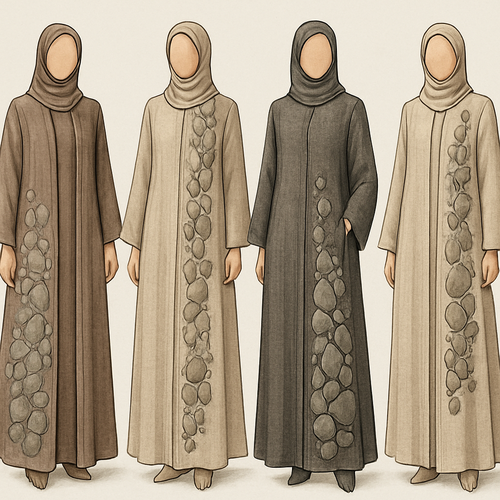 Create a modest two-piece linen abaya, the first of its kind, featuring a unique stone design that exudes a classy and sophisticated vibe. I’d like four designs, each showcasing different styles and fabrics. Incorporate high-end, unique chic stone designs to make them truly special. Add little sophisticated stone designs.