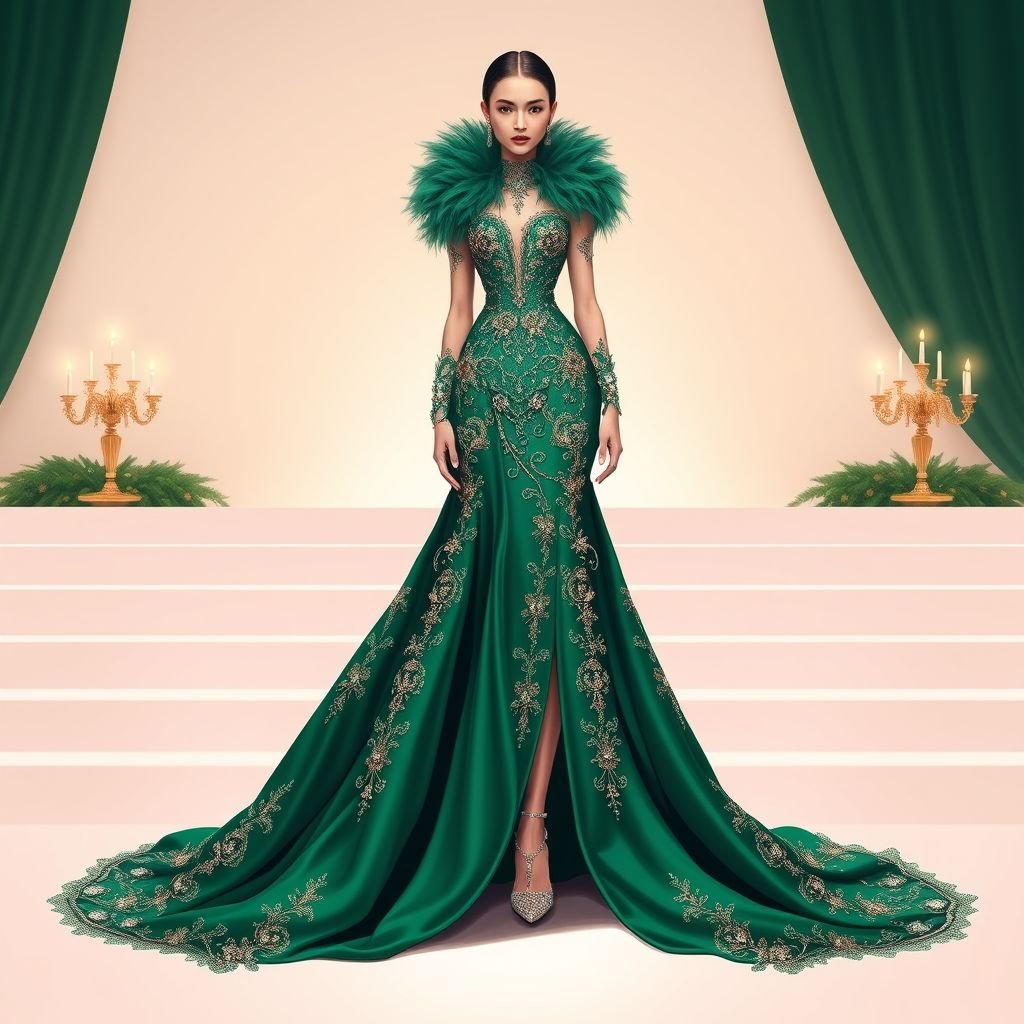 Met gala
Design an opulent gown for the Met Gala, blending avant-garde elegance with baroque influence. The silhouette features a dramatic, cascading train adorned with metallic embroidery and luminous gemstones. Use a rich emerald green silk, accentuated by an oversized feathered collar. Complete the look with bespoke crystal-studded stiletto heels, radiating glamour.