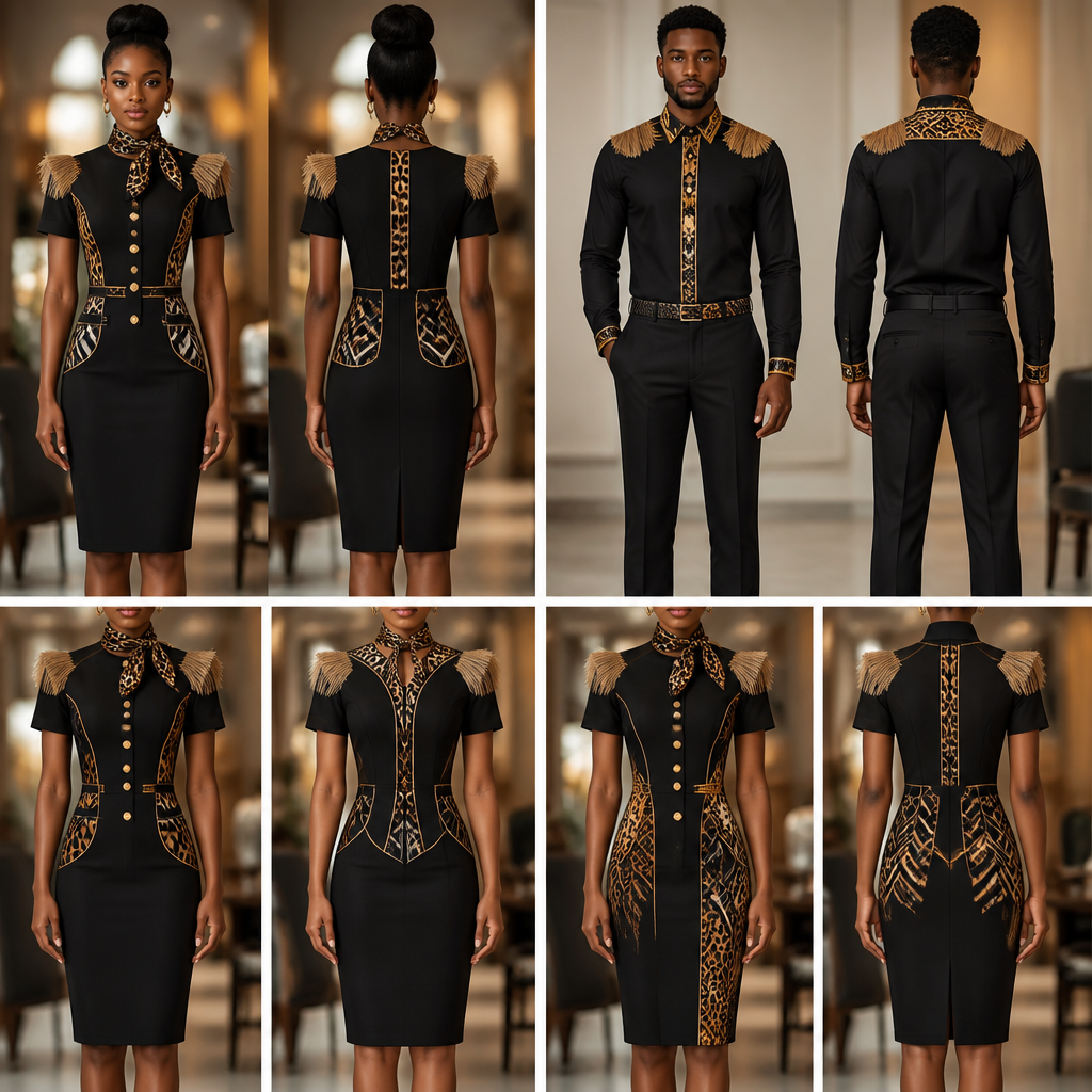 designs de Robe hôtesse pour restaurant différents , robe droite jusqu’au genoux pour femme , col pasteur petite écharpe motif panthère noire et marron , bouton au milieu de la robe rond en or Avec une touche de paille au niveau des épaules et la poitrine de même pour les hommes pantalon chemise , designs sur la robe en motifs tissu panthère tissu africain ekang Cameroun . La couleur du vêtement est noir , très fashion chic , et élégante , plus stylé et original
photorealistic fashion design, designs de Robe hôtesse pour restaurant différents , robe droite jusqu’au genoux pour femme , col pasteur petite écharpe motif panthère noire et marron , bouton au milieu de la robe rond en or Avec une touche de paille au niveau des épaules et la poitrine de même pour les hommes pantalon chemise , designs sur la robe en motifs tissu panthère tissu africain ekang Cameroun . La couleur du vêtement est noir , très fashion chic , et élégante , plus stylé et original , office style, just the design no text, show front and back