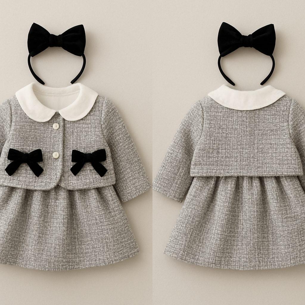 1歳の女の子のベビー服
グレーベースと白のツイードのジャケットとスカート部分がグレーベースと白ツイードのワンピースのセットアップ
ワンピースの上半身部分は白で丸襟でフリフリ
ジャケットの両ポケットの位置に黒のベロア素材のリボン結び
頭にはジャケットについてるリボンと同じもののカチューシャ
1歳の女の子のベビー服
グレーベースと白のツイードのジャケットとスカート部分がグレーベースと白ツイードのワンピースのセットアップ
ワンピースの上半身部分は白で丸襟でフリフリ
ジャケットの両ポケットの位置に黒のベロア素材のリボン結び
頭にはジャケットについてるリボンと同じもののカチューシャ, show front and back