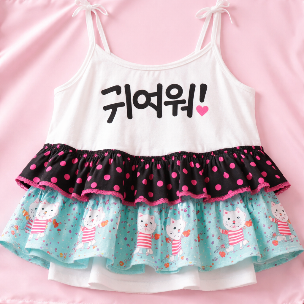 cute white cotton feminine tank top. put random asian graffiti in black lettering in a few random places on the shirt. make 2 additional layers at the bottom. one layer is black with big hot pink polka dots. the next layer is line drawings of cute bright aqua cats with red stripes.
Korean Fashion fashion design: Cute white cotton feminine tank top with black Asian graffiti. Features two tiered ruffles: one black with hot pink polka dots, the other bright aqua cats with red stripes. Relaxed, oversized fit for a playful look.