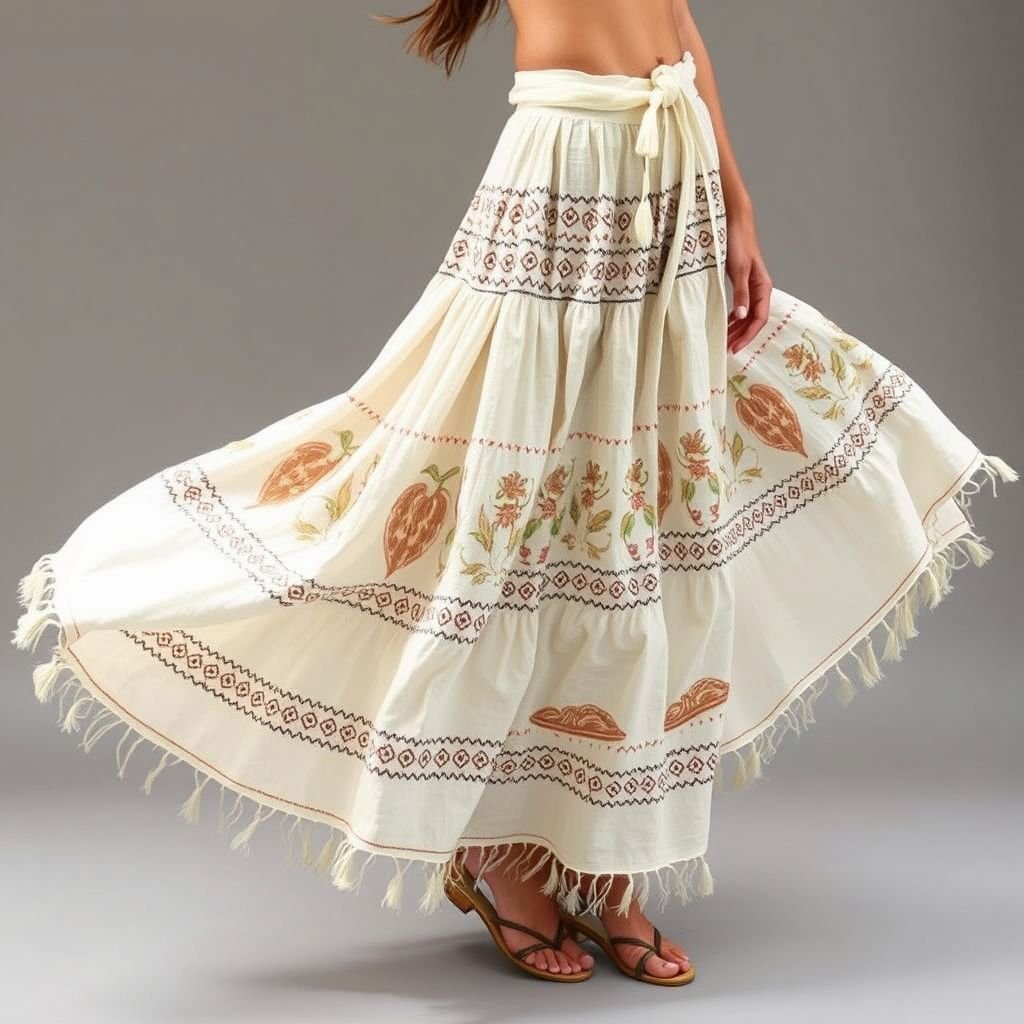 חצאית כותנה גרסה יוונית פשוטה מפשתן
Design a flowing, bohemian-inspired skirt made from breathable linen, incorporating intricate Greek patterns. Let the fabric cascade gracefully to the ankles, featuring layered hems, delicate tassels, and earthy tones. Accentuate with ethereal embroidery depicting nature motifs, embodying a free-spirited vibe that celebrates individuality and artisan craftsmanship in every stitch.