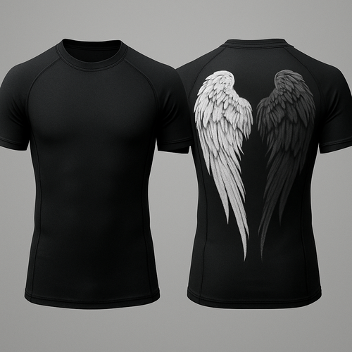 Black base short sleeve compression jujitsu rash guard shirt. 2 angle wings on the back, one white and the other dark gray. Make the wings kinda form a shape of a heart without making it too obnoxious so the wings look natural still 

Little less of a bear shape and make the wings come down almost to the bottom of the shit 