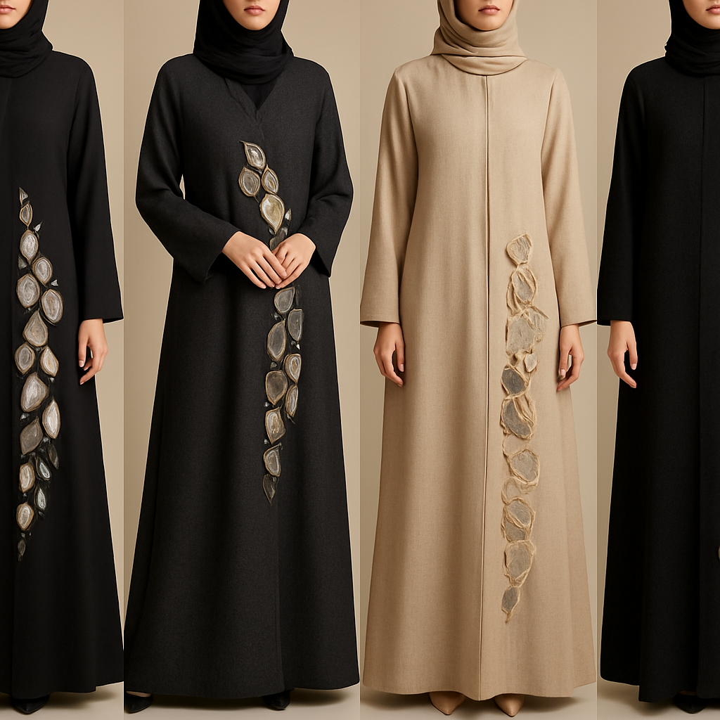 Create a modest abaya that's the first of its kind, featuring a unique stone design that exudes a classy and sophisticated vibe. I'd like four designs, each showcasing different styles and fabrics.
Incorporate high-end, unique chic stone designs to make them truly special. Add a little sophisticated stone work to it.

Create a modest abaya that's the first of its kind, featuring a unique stone design that exudes a classy and sophisticated vibe. I'd like four designs, each showcasing different styles and fabrics.
Incorporate high-end, unique chic stone designs to make them truly special. Add a little sophisticated stone work to it.