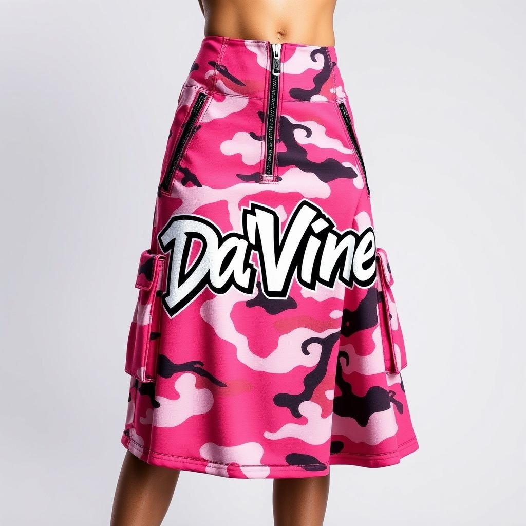 I want you to create a YK2 midi skirt, with pockets and a zipper on the side. Make it pink camo. And add Da’Vine on the front.
Design a cutting-edge YK2 midi skirt that embodies streetwear culture. Crafted in bold pink camo, the skirt features deep side pockets and a sleek zipper for an edgy twist. The word "Da’Vine" is emblazoned across the front in graffiti-style font, merging urban aesthetics with functional fashion for fearless self-expression.