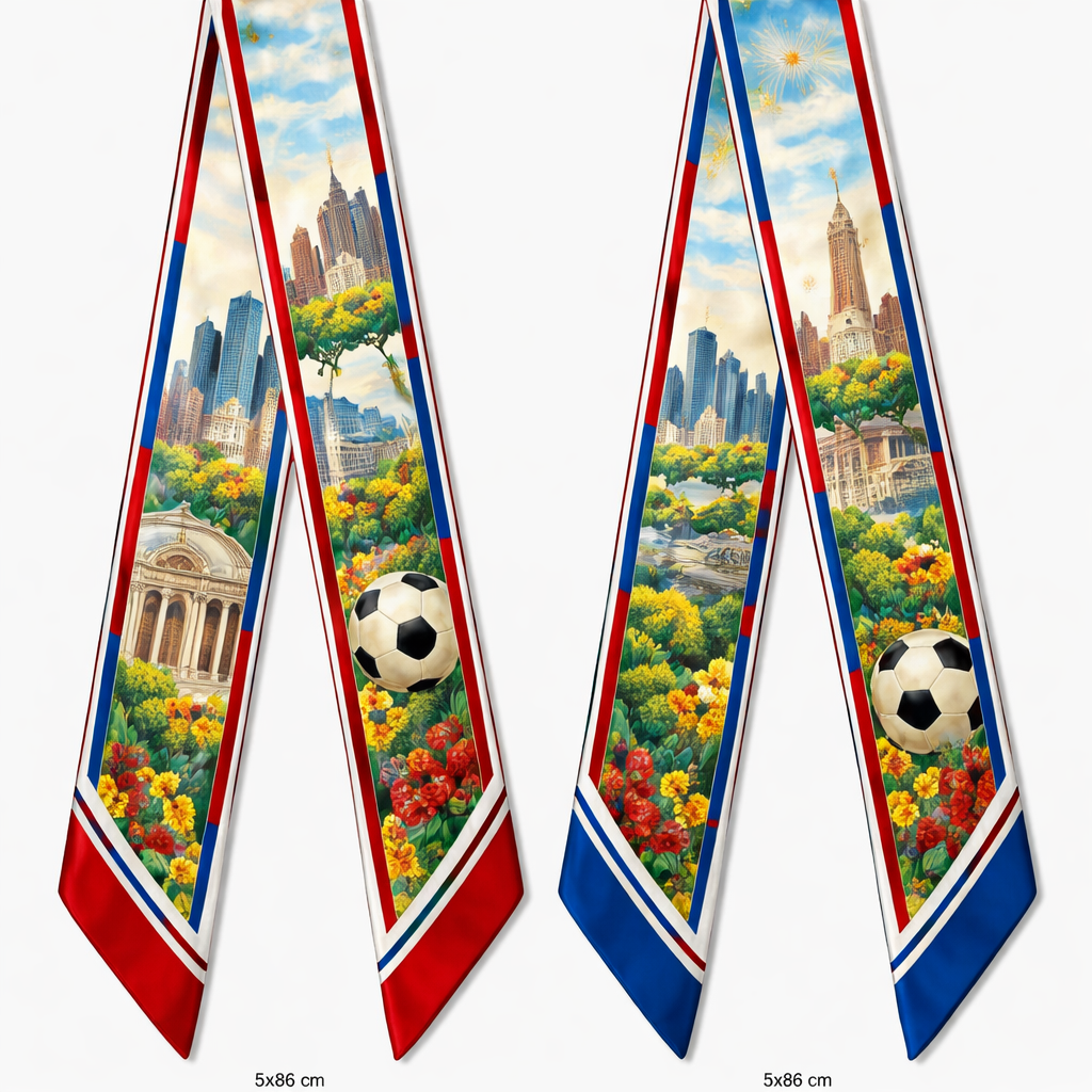 Design a silk scarf that is 5x86cm for the world cup 2026 with no logos or wording
Kansas City, MO as a host city
Design a silk scarf that is 5x86cm for the world cup 2026 with no logos or wording
Kansas City, MO as a host city, classic style, show front and back