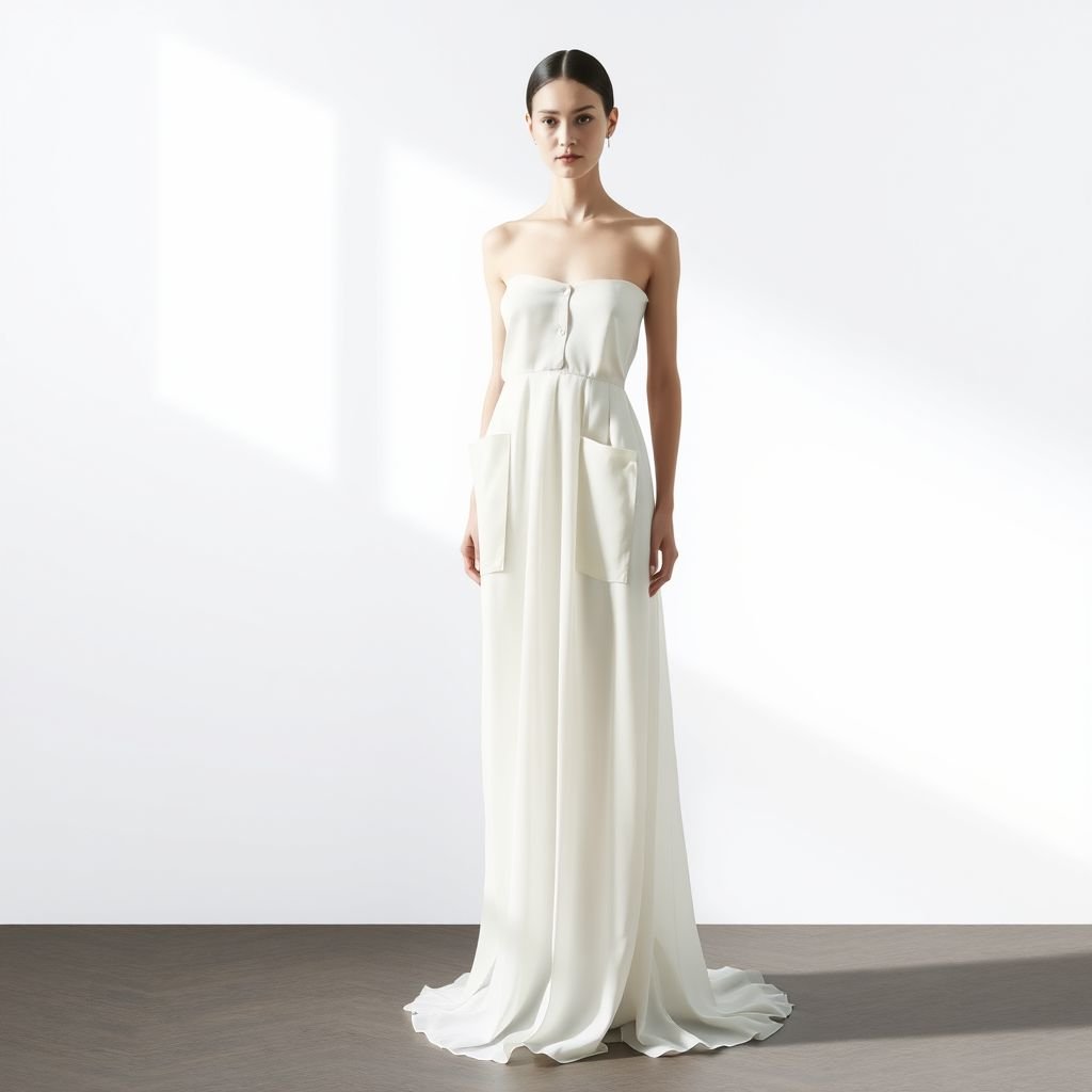 Sketch or prototype a design based on minimal silhouettes with bold symbolism. Focus on fit, length and fluidity for a maxi look using an organza fabric
Design a sophisticated maxi dress in a pure, minimalist style, emphasizing clean lines and effortless shapes. Utilize lightweight organza to create fluidity and movement. Incorporate bold, symbolic details—perhaps a singular oversized pocket or an abstract embroidery. Prioritize a tailored fit that drapes elegantly, evoking a serene yet impactful aesthetic.