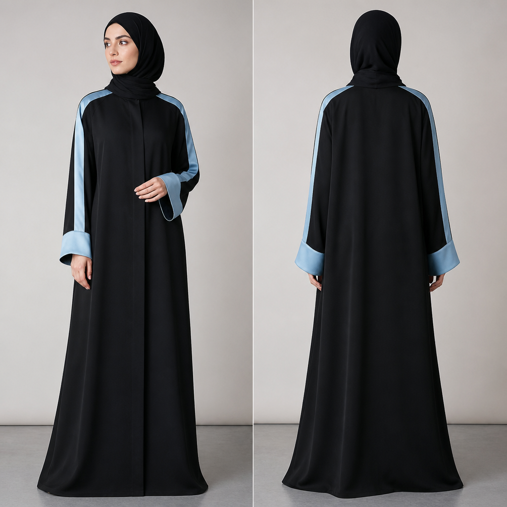 Luxury black university abaya with soft powder blue satin details running vertically from the shoulders to the sleeves, straight comfortable cut, beautiful wide cuffs, simple but unusual design, feminine and youthful, not a dress, front and back view
photorealistic fashion design, Luxury black university abaya with soft powder blue satin details running vertically from the shoulders to the sleeves, straight comfortable cut, beautiful wide cuffs, simple but unusual design, feminine and youthful, not a dress, front and back view, just the design no text, show front and back