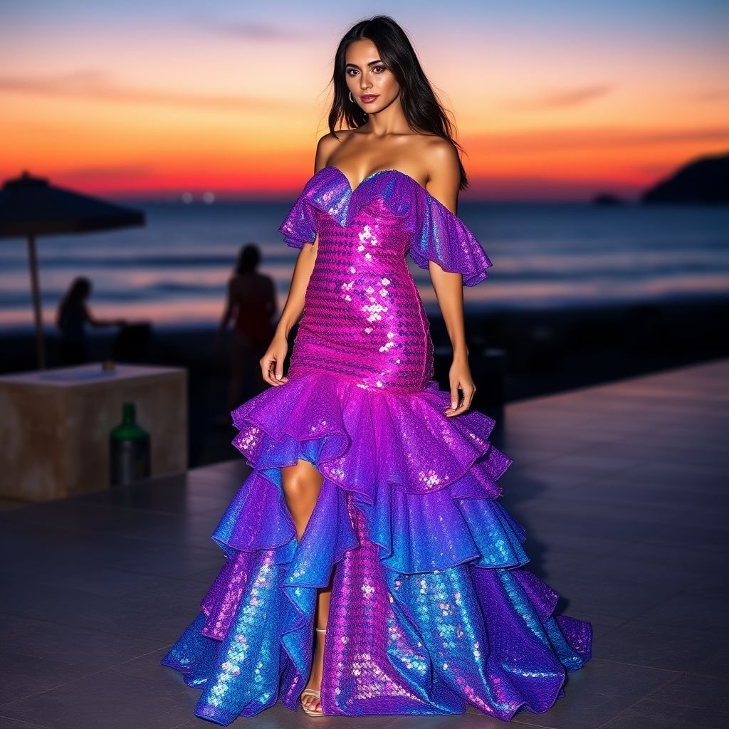 Ibiza sequin style dress
Design a dazzling Ibiza-inspired sequin dress that radiates vibrant energy. The gown features an off-shoulder design, cascading ruffles down the skirt, and a vibrant ombre of electric blues and sunset pinks. Adorned with holographic sequins, it catches the light beautifully, embodying the essence of a carefree seaside party at dusk.