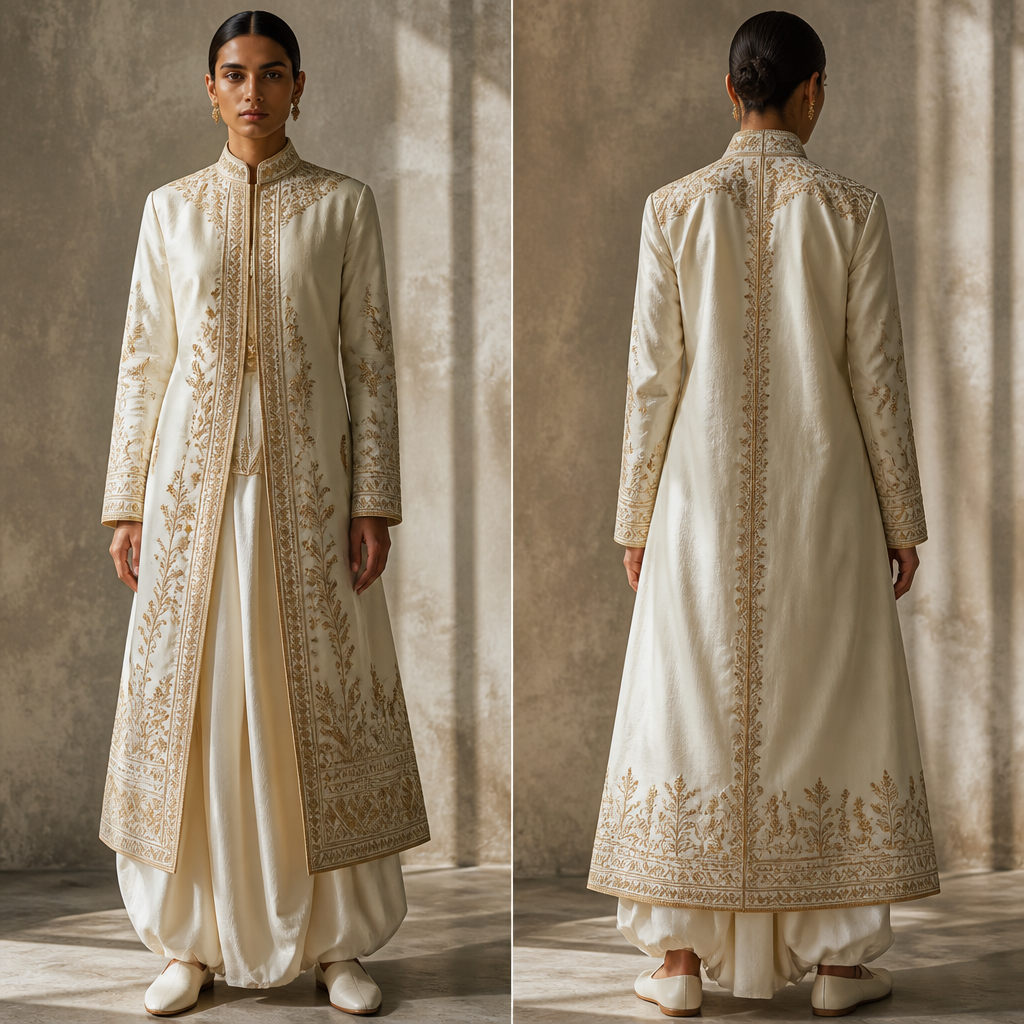 A Unisex Dress design, made of Cotton, for Wedding, suitable for Summer, in Indian + British + African style. CD fashion aesthetics.
photorealistic fashion design, A Unisex Dress design, made of Cotton, for Wedding, suitable for Summer, in Indian + British + African style. CD fashion aesthetics., indian style, just the design no text