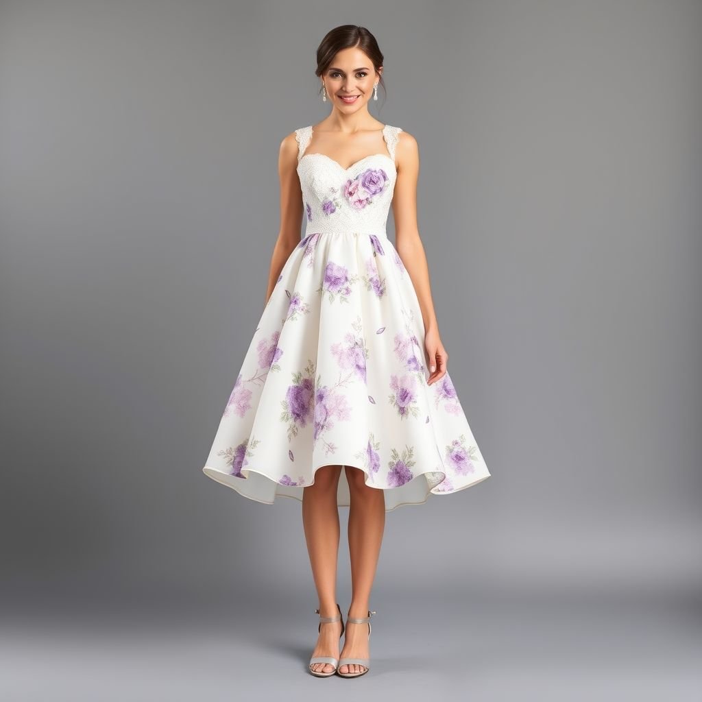 Cute teen girl wedding guest dress for dirty, blonde haired girl with blue eyes style no over the shoulder
Design a whimsical A-line dress featuring a lavender and blush floral print against a soft ivory background. The sleeveless bodice is adorned with delicate lace trim, while a flowing knee-length skirt adds playful movement. Accessorize with dainty pearl earrings and strappy silver sandals, perfect for a charming wedding celebration.