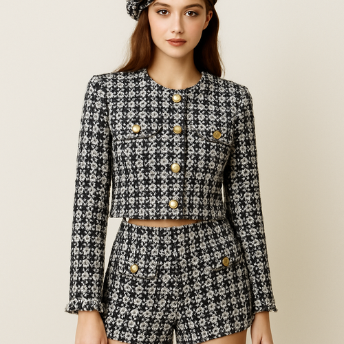 Tweed crop jacket in black and white with matching tweed shorts
Jacket slightly longer gold buttons pockets on breasts full length sleeves slight white fringe on end of sleeves
Bigger print and matching beret
Smaller beret more distinct pockets