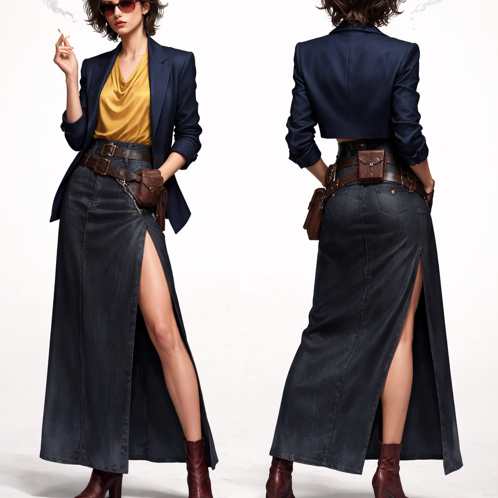For a Cowboy Bebop inspired look that feels modern yet faithful, imagine a sleek, "neo-noir" silhouette that blends 90s retro-futurism with a rugged, lived-in edge. Start with a slim-cut, midnight blue blazer featuring slightly oversized lapels, worn over a vibrant mustard-yellow silk blouse or a fitted turtleneck to nod to Spike’s iconic color palette. Pair this with high-waisted, maxi skirt in a charcoal or dark denim fabric, cinched with a wide leather utility belt to add a touch of Faye’s functional aesthetic. Complete the outfit with pointed-toe ankle boots in a weathered oxblood leather and a pair of thin, rectangular tinted sunglasses. The overall vibe should feel like "galactic bounty hunter meets high-fashion streetwear"—effortlessly cool, a bit disheveled, and ready for a jazz-fueled adventure through the stars.
For a Cowboy Bebop inspired look that feels modern yet faithful, imagine a sleek, "neo-noir" silhouette that blends 90s retro-futurism with a rugged, lived-in edge. Start with a slim-cut, midnight blue blazer featuring slightly oversized lapels, worn over a vibrant mustard-yellow silk blouse or a fitted turtleneck to nod to Spike’s iconic color palette. Pair this with high-waisted, maxi skirt in a charcoal or dark denim fabric, cinched with a wide leather utility belt to add a touch of Faye’s functional aesthetic. Complete the outfit with pointed-toe ankle boots in a weathered oxblood leather and a pair of thin, rectangular tinted sunglasses. The overall vibe should feel like "galactic bounty hunter meets high-fashion streetwear"—effortlessly cool, a bit disheveled, and ready for a jazz-fueled adventure through the stars.
, show front and back