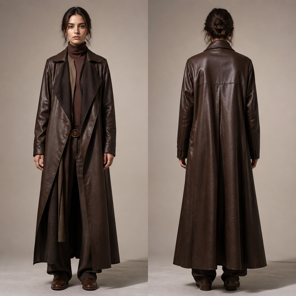A Female fashion design, made of Leather, with a sturdy, casual hand, with a Relaxed silhouette, styled in layers, suitable for Fall. tipo cristiana. VE fashion aesthetics. Present it as professional fashion catalogue photography: the garment is the subject, shown full-length with editorial styling, neutral posing and tasteful, non-suggestive framing.
photorealistic fashion design, A Female fashion design, made of Leather, with a sturdy, casual hand, with a Relaxed silhouette, styled in layers, suitable for Fall. tipo cristiana. VE fashion aesthetics. Present it as professional fashion catalogue photography: the garment is the subject, shown full-length with editorial styling, neutral posing and tasteful, non-suggestive framing., just the design no text, show front and back