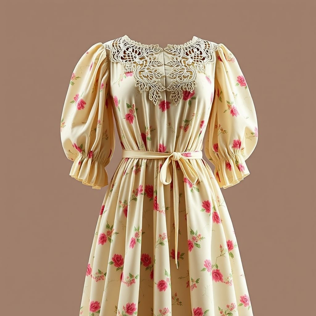Create a slow fashion, sustainable dress with some modern notes. Make the dress midi. Add some elements on bust.
Design a vintage-inspired midi dress that marries sustainability with contemporary flair. Incorporate soft, flowing fabrics with a delicate floral print reminiscent of the 1960s. Feature elegant puff sleeves and intricate lace accents on the bust, evoking charm. Add a cinched waist for a timeless silhouette, perfect for eco-conscious fashion lovers.