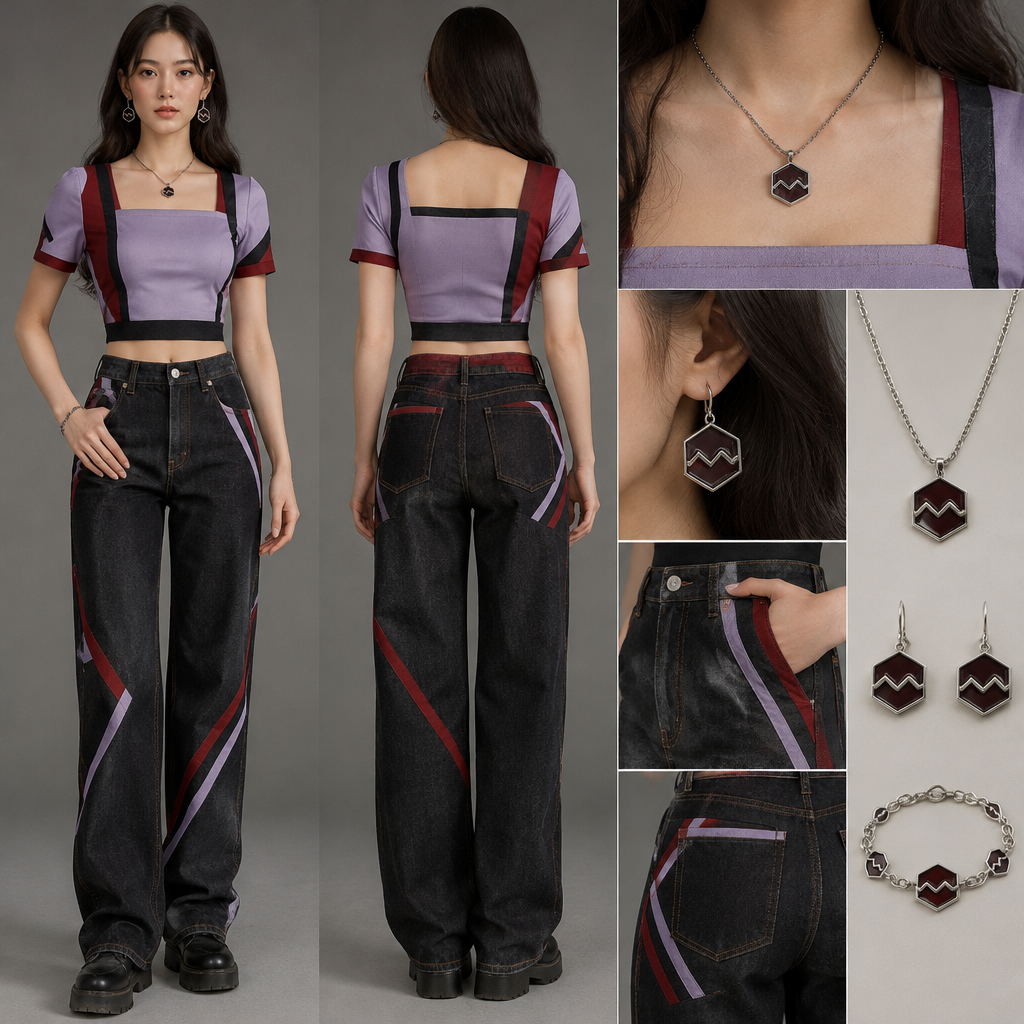 I want the blouse to have simple designs and I want it light purple and red and black colors for the top and square line and for the pants I want them to dark denim jeans and make it similar colors as the blouse. For the jewelry I want it to have hexagon shape and designs like zigzag that says velora
photorealistic fashion design, I want the blouse to have simple designs and I want it light purple and red and black colors for the top and square line and for the pants I want them to dark denim jeans and make it similar colors as the blouse. For the jewelry I want it to have hexagon shape and designs like zigzag that says velora , just the design no text, show front and back
