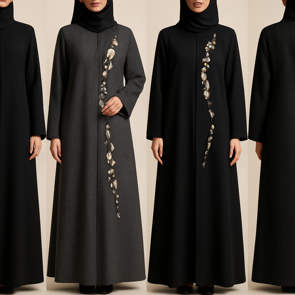 Create a modest abaya that's the first of its kind, featuring a unique stone design that exudes a classy and sophisticated vibe. I'd like four designs, each showcasing different styles and fabrics.
Incorporate high-end, unique chic stone designs to make them truly special. Add little sophisticated stone design.
Create a modest abaya that's the first of its kind, featuring a unique stone design that exudes a classy and sophisticated vibe. I'd like four designs, each showcasing different styles and fabrics.
Incorporate high-end, unique chic stone designs to make them truly special. Add little sophisticated stone design., show front and back