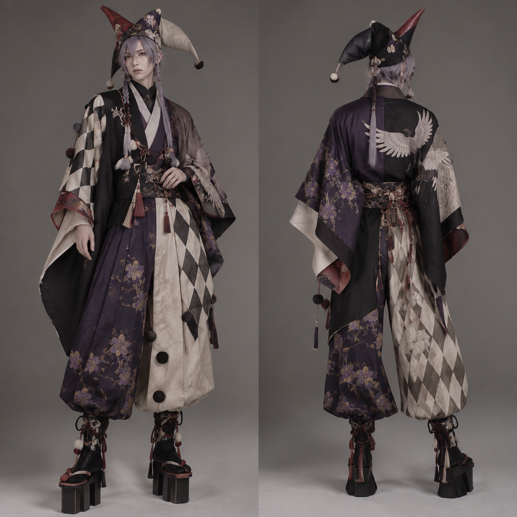 A Male Kimono design, for Festival, suitable for Fall, in Formal style. 天狗の衣装とピエロの衣装を組み合わせた服を作りたい。形は天狗の衣装が元になってて、カラーリングがピエロの衣装みたいに左右で違う柄にしたい。髪色が紫っぽいグレーなので、それに合わせた色がいい。どこかに甲州印伝の桜模様を入れて欲しい。帽子は天狗の頭襟にピエロ帽のぴょんぴょんが着いてる感じにしたい. Japan fashion aesthetics. Present it as professional fashion catalogue photography: the garment is the subject, shown full-length with editorial styling, neutral posing and tasteful, non-suggestive framing.
photorealistic fashion design, A Male Kimono design, for Festival, suitable for Fall, in Formal style. 天狗の衣装とピエロの衣装を組み合わせた服を作りたい。形は天狗の衣装が元になってて、カラーリングがピエロの衣装みたいに左右で違う柄にしたい。髪色が紫っぽいグレーなので、それに合わせた色がいい。どこかに甲州印伝の桜模様を入れて欲しい。帽子は天狗の頭襟にピエロ帽のぴょんぴょんが着いてる感じにしたい. Japan fashion aesthetics. Present it as professional fashion catalogue photography: the garment is the subject, shown full-length with editorial styling, neutral posing and tasteful, non-suggestive framing., formal style, just the design no text, show front and back
