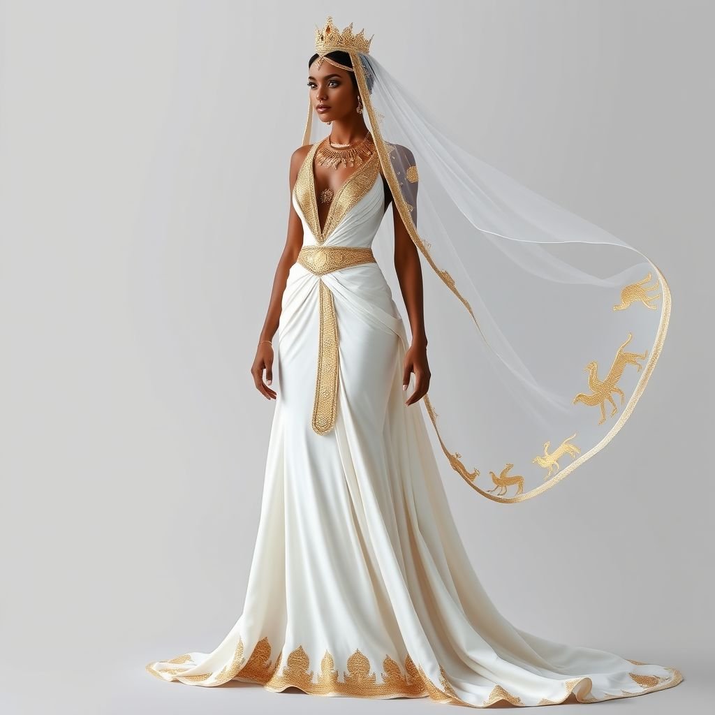 Ancient Egyptian inspired royal gown, white, gold accessories, intricate details, and veil
Design a sweeping royal gown inspired by ancient Egyptian elegance, crafted from flowing white silk, adorned with intricate gold hieroglyphics and beaded embellishments. The gown features a plunging neckline, fitted bodice, and cascading skirt with layered drapes. Complete the look with a sheer veil embellished with golden motifs, exuding regality and grace.