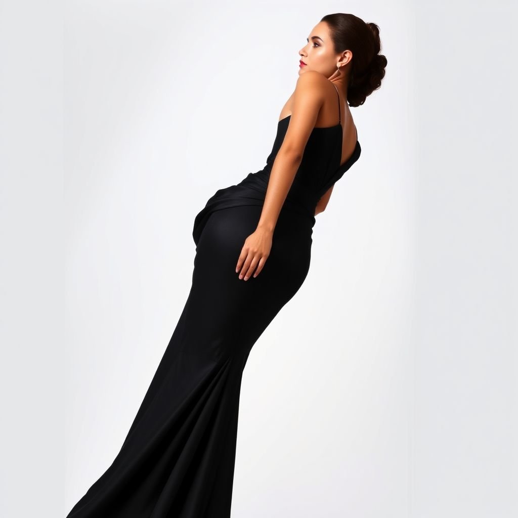 Your dress is a black, form-fitting design with a length of 110 cm. It is extremely fitted to the body, emphasizing the waist and curves. The dress features draping at the front and back, creating a gathered effect from the bottom to the top. The bust is accentuated with a push-up effect, enhancing the shape. It has a high neckline for a sleek and elegant look, and is sleeveless, styled like a tank top. The design maximizes the contours of the body, giving a flattering, hourglass silhouette.
Imagine a stunning, black, form-fitting dress with a length of 110 cm, designed for elegance. The silhouette hugs the body, accentuating the waist and curves, while luxurious draping cascades gracefully from front to back. A high neckline and sleeveless tank style exude sophistication, while the discreet push-up design enhances the bust, creating an exquisite hourglass figure that captivates with every movement. This masterpiece embodies timeless elegance, perfect for a glamorous evening or an upscale event.