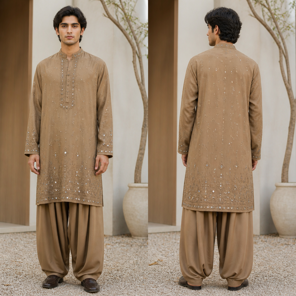 A Unisex Salwar Kameez design. Consider Pakistani fashion — shalwar kameez, gharara, sharara; lawn fabrics, chiffon; intricate embroidery and mirror work. Current season is Autumn in Pakistan. Present it as professional fashion catalogue photography: the garment is the subject, shown full-length with editorial styling, neutral posing and tasteful, non-suggestive framing.
photorealistic fashion design, A Unisex Salwar Kameez design. Consider Pakistani fashion — shalwar kameez, gharara, sharara; lawn fabrics, chiffon; intricate embroidery and mirror work. Current season is Autumn in Pakistan. Present it as professional fashion catalogue photography: the garment is the subject, shown full-length with editorial styling, neutral posing and tasteful, non-suggestive framing., just the design no text, show front and back