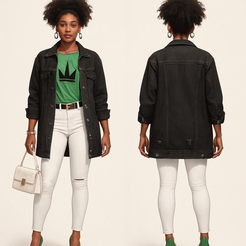 Black woman 
Green shirt with 👑on it in black 
Long black ripped jean jacket 
Tight white pants gold belt 
Gold bracelet 
Green earrings 
Green heels white purse 
Gold cross necklace 
