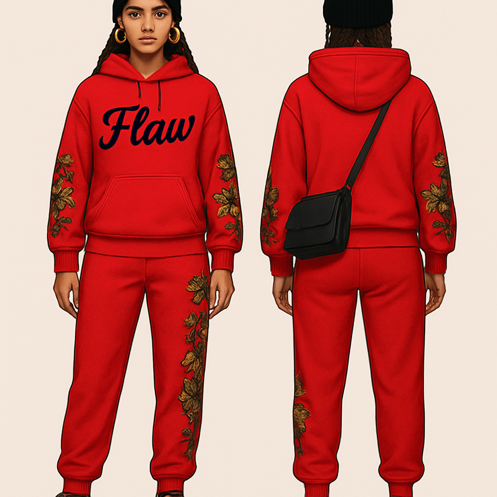 Red jogging suit hoodie with bold words Flaw in abbreviation on it in Black in cursive braids gold hoop earrings and gold bracelet flowers on the sleeves and pants Black cross body purse and black nike shoes a black beanie saying F
Red jogging suit hoodie with bold words Flaw in abbreviation on it in Black in cursive braids gold hoop earrings and gold bracelet flowers on the sleeves and pants Black cross body purse and black nike shoes a black beanie saying F, show front and back