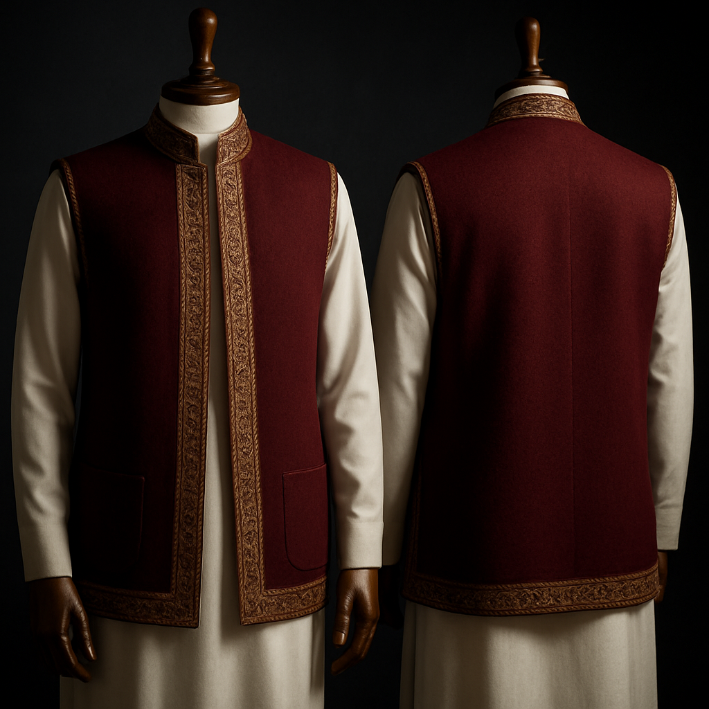 ‏2) Heritage Luxe — formal/traditional  
‏"Short sleeveless sedri (vest) ending at the hip, worn over a traditional white Saudi thawb, presented on a luxurious wooden mannequin, heavy maroon wool with gold embroidery on edges and Pakistani-style stitched collar, removable pashmina lining, dramatic side lighting, studio dark background with soft sheen, highly detailed, realistic --ar 2:3 --v 5 --stylize 800"

‏2) Heritage Luxe — formal/traditional  
‏"Short sleeveless sedri (vest) ending at the hip, worn over a traditional white Saudi thawb, presented on a luxurious wooden mannequin, heavy maroon wool with gold embroidery on edges and Pakistani-style stitched collar, removable pashmina lining, dramatic side lighting, studio dark background with soft sheen, highly detailed, realistic --ar 2:3 --v 5 --stylize 800", show front and back