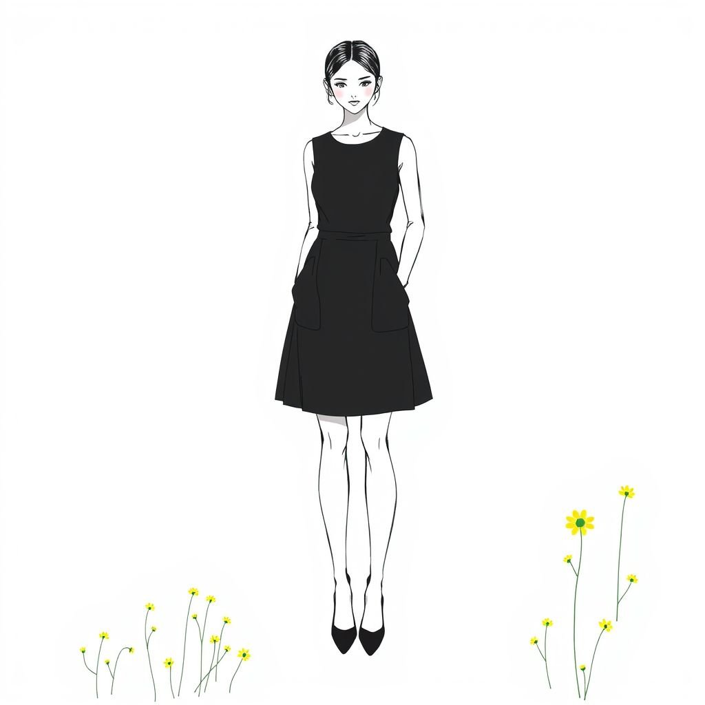 Sleeveless black dress just below the knees that is wide from the waist till the bottom with 2 big pockets on the sides. The bottom of the dress has very wide flowers comes in green and yellow that are drawn by hands scattered on the dress
Create a minimalist fashion piece: a sleeveless black dress, knee-length, featuring a structured A-line silhouette that gracefully flares from the waist. Emphasize functionality with two oversized side pockets. The design incorporates delicate, hand-drawn green and yellow flowers at the hem, subtly interwoven into the sleek fabric, ensuring a modern, understated elegance.