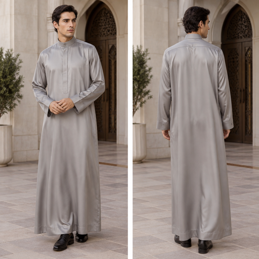 A Male Thobe design, made of Satin, with a light, flowing drape, with a Relaxed silhouette, in a Monochrome color palette, for Work, suitable for Fall, suited to a Humid climate, in Business style, shown on a model with fair skin and a petite figure. Tunisia fashion aesthetics. Present it as professional fashion catalogue photography: the garment is the subject, shown full-length with editorial styling, neutral posing and tasteful, non-suggestive framing.
photorealistic fashion design, A Male Thobe design, made of Satin, with a light, flowing drape, with a Relaxed silhouette, in a Monochrome color palette, for Work, suitable for Fall, suited to a Humid climate, in Business style, shown on a model with fair skin and a petite figure. Tunisia fashion aesthetics. Present it as professional fashion catalogue photography: the garment is the subject, shown full-length with editorial styling, neutral posing and tasteful, non-suggestive framing., business style, just the design no text, show front and back