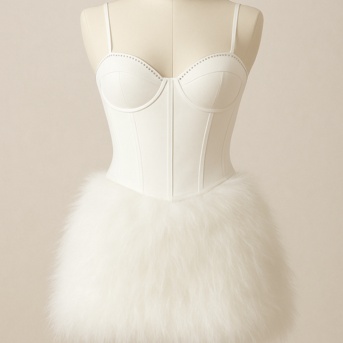 Can you show me a fluffy faux fur mini skirt low rise waist in brown
With a brown long line corset top with two thin straps and cup details tucked in seamlessly to look like a dress also in chocolate brown
Can you make the skirt way fluffier
Can you change the whole thing to white and add small diamantés going around the end of the cups on the top