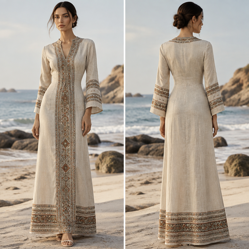 A Habesha Kemis design, made of Linen, with a rich, textured surface, with a Fitted silhouette, in a Muted & Dusty color palette, for Beach, suitable for Fall, suited to a Temperate climate, in Elegant style, shown on a model with fair skin and a slim figure. PS fashion aesthetics. Present it as professional fashion catalogue photography: the garment is the subject, shown full-length with editorial styling, neutral posing and tasteful, non-suggestive framing.
photorealistic fashion design, A Habesha Kemis design, made of Linen, with a rich, textured surface, with a Fitted silhouette, in a Muted & Dusty color palette, for Beach, suitable for Fall, suited to a Temperate climate, in Elegant style, shown on a model with fair skin and a slim figure. PS fashion aesthetics. Present it as professional fashion catalogue photography: the garment is the subject, shown full-length with editorial styling, neutral posing and tasteful, non-suggestive framing., elegant style, just the design no text, show front and back