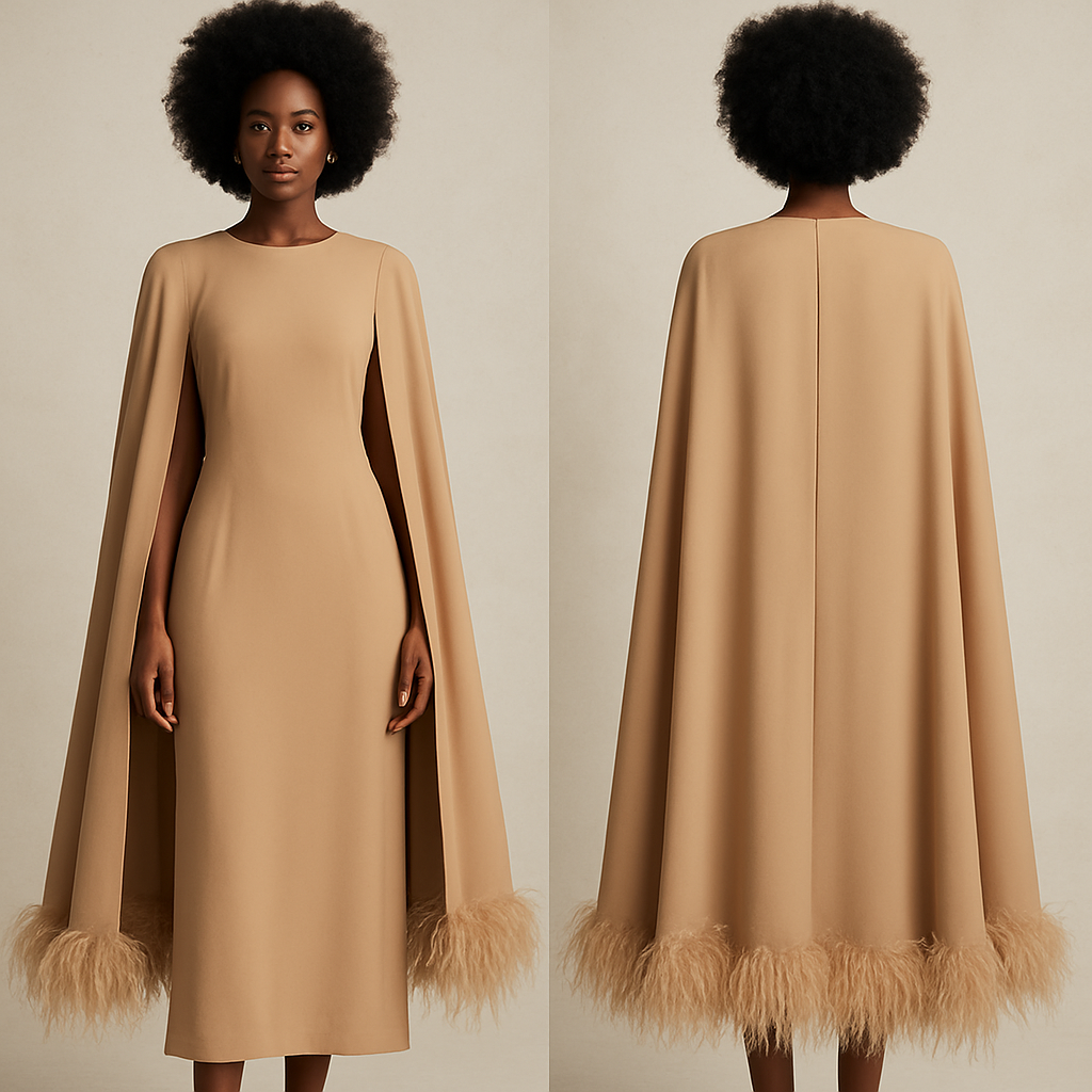 Create a realistic photo for a fashion magazine, make the woman wearing a beige dress with long cape and feather at the end of the cape. Make her hair afro and make her a black woman

Create a realistic photo for a fashion magazine, make the woman wearing a beige dress with long cape and feather at the end of the cape. Make her hair afro and make her a black woman, show front and back