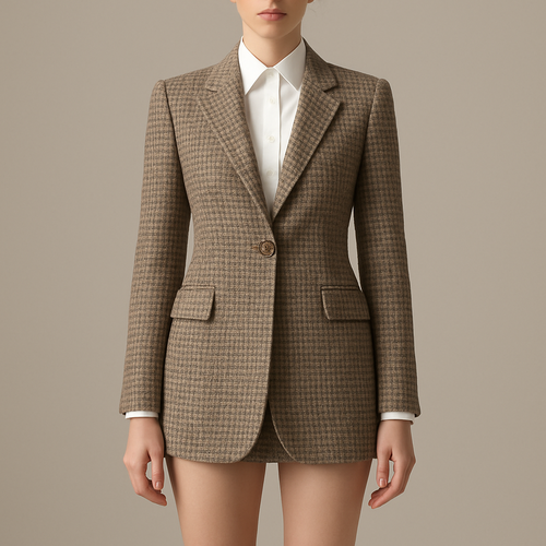 Tweed fitted blazer to mid thigh with white collared shirt underneath
One button lighter colour smaller check print collar fully buttoned up with no trousers bare legs