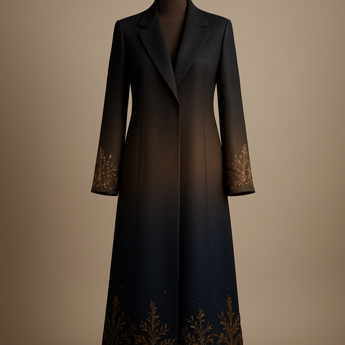 
"Desert Nights abaya — full-length elegant women's abaya called 'Desert Nights'. Structured blazer-style lapel collar (clearly like a tailored blazer), extra-long length falling to the ankles to emphasize that it is an abaya. No belt or tie. Replace any hanger — display the garment on a luxurious wooden mannequin (polished dark wood). Fabric: luxurious matte silk with a subtle shimmer, gradient of deep sand to midnight blue. Decorative details: intricate gold embroidery and fine beadwork along the hem and cuffs, delicate desert-inspired motifs. Presentation: studio fashion photography, soft directional lighting, shallow depth of field for close-up detail shots of collar and embroidery, photorealistic, extremely high-detail, neutral uncluttered background. Remove any visible hanger or clips."


، و high sampling).  
-"no hanger, no belt, no text, no logos, avoid unrealistic folds".  
