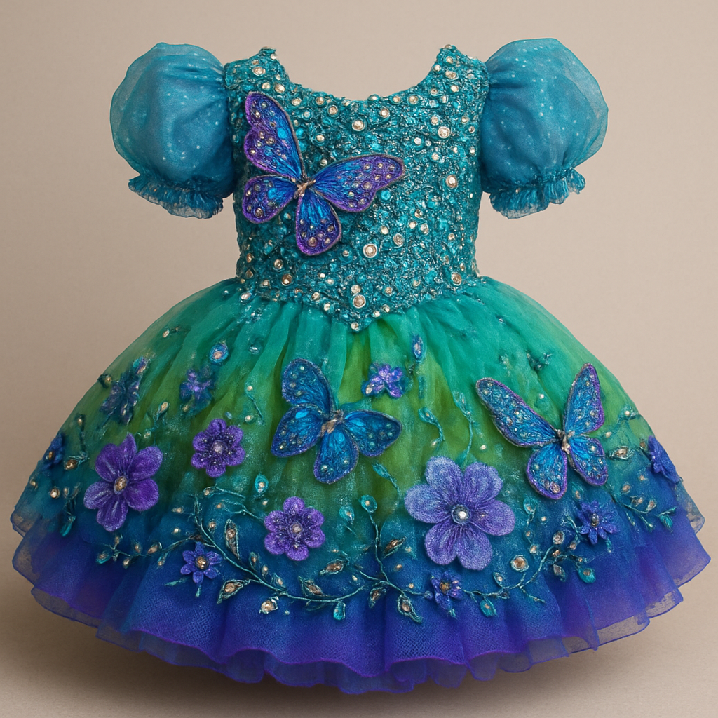 Can you create a little pageant dress, green, blue and purple colors, with butterflies, flowers, beads, pearls, sequins and rhinestones?
Can you create a little pageant dress, green, blue and purple colors, with butterflies, flowers, beads, pearls, sequins and rhinestones?