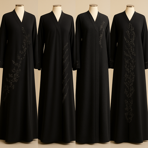 Create me modest abaya that's first in the world, using unique stone design, classy and sophisticated. Keep me 4 designs. Make them rich by adding minimal stone embroidery and stones designs. Showcasing different styles and fabric.