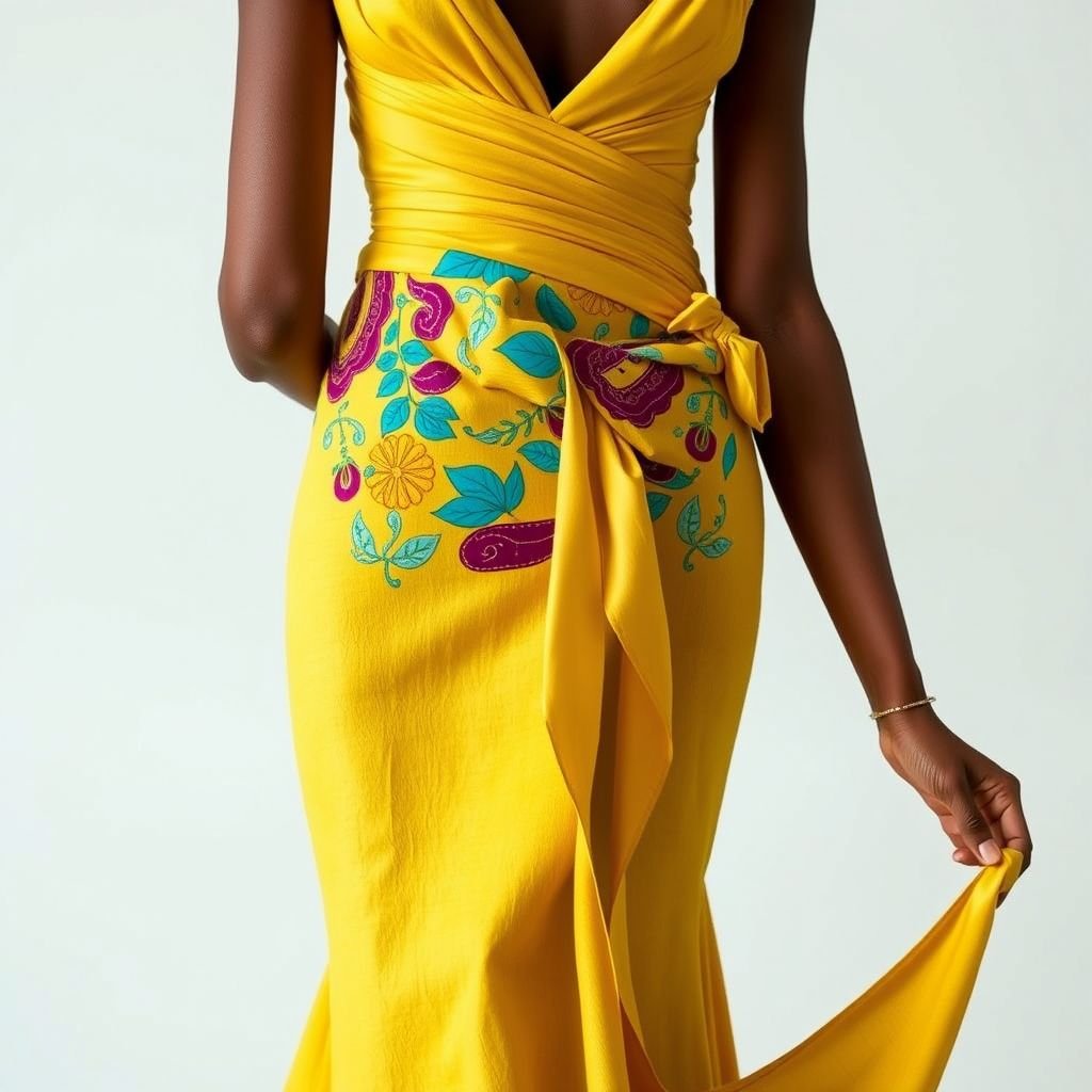 design a dress out of two fabrics pieces. the main fabric is a mustard yellow linen, and the other is a wax print in mustard yellow, cyan and aubergine
Design an elegant gown crafted from luxurious mustard yellow linen, featuring a graceful silhouette. The second fabric, a vibrant wax print in mustard yellow, cyan, and aubergine, elegantly drapes at the waist, creating an enchanting contrast. Accentuate with delicate silk ribbons and intricate embroidery, embodying a timeless fusion of sophistication and boldness.