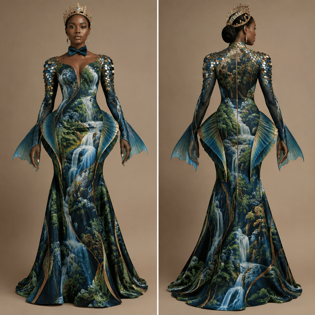 robe africaine moulante au motifs d'eau et de forêt dessinés dessus portée avec un noeud papillon et une couronne sur la tête
il doit avoir un design en forme de nageoire au niveau de hanches hanches et des motifs brillants en forme d'écaille sur les épaules
la robe doit couvrir les bras et avoir également des simulations de nageoire au niveau du poignet Present it as professional fashion catalogue photography: the garment is the subject, shown full-length with editorial styling, neutral posing and tasteful, non-suggestive framing.
photorealistic fashion design, robe africaine moulante au motifs d'eau et de forêt dessinés dessus portée avec un noeud papillon et une couronne sur la tête
il doit avoir un design en forme de nageoire au niveau de hanches hanches et des motifs brillants en forme d'écaille sur les épaules
la robe doit couvrir les bras et avoir également des simulations de nageoire au niveau du poignet Present it as professional fashion catalogue photography: the garment is the subject, shown full-length with editorial styling, neutral posing and tasteful, non-suggestive framing., just the design no text
