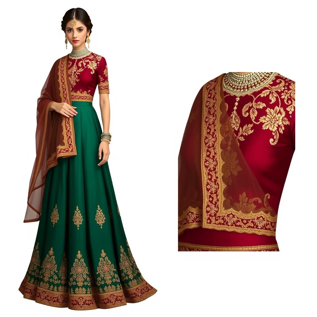 Indian
Design an elegant Indian-inspired gown that exudes classic sophistication, featuring intricate gold embroidery on rich, deep hues of burgundy and emerald. Incorporate a traditional silhouette with a fitted bodice and flowing skirt, complemented by a delicate dupatta draped gracefully over the shoulder. Emphasize timeless beauty and regal charm in every detail.